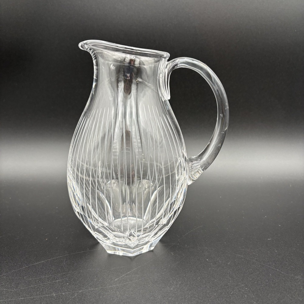 Heavy Crystal Glass Pitcher‎ W/Octagon Bottom Shape  & White Edged Lines 7"
